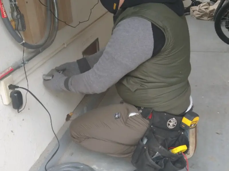 Electrician performing outlet wiring in a Pottstown garage